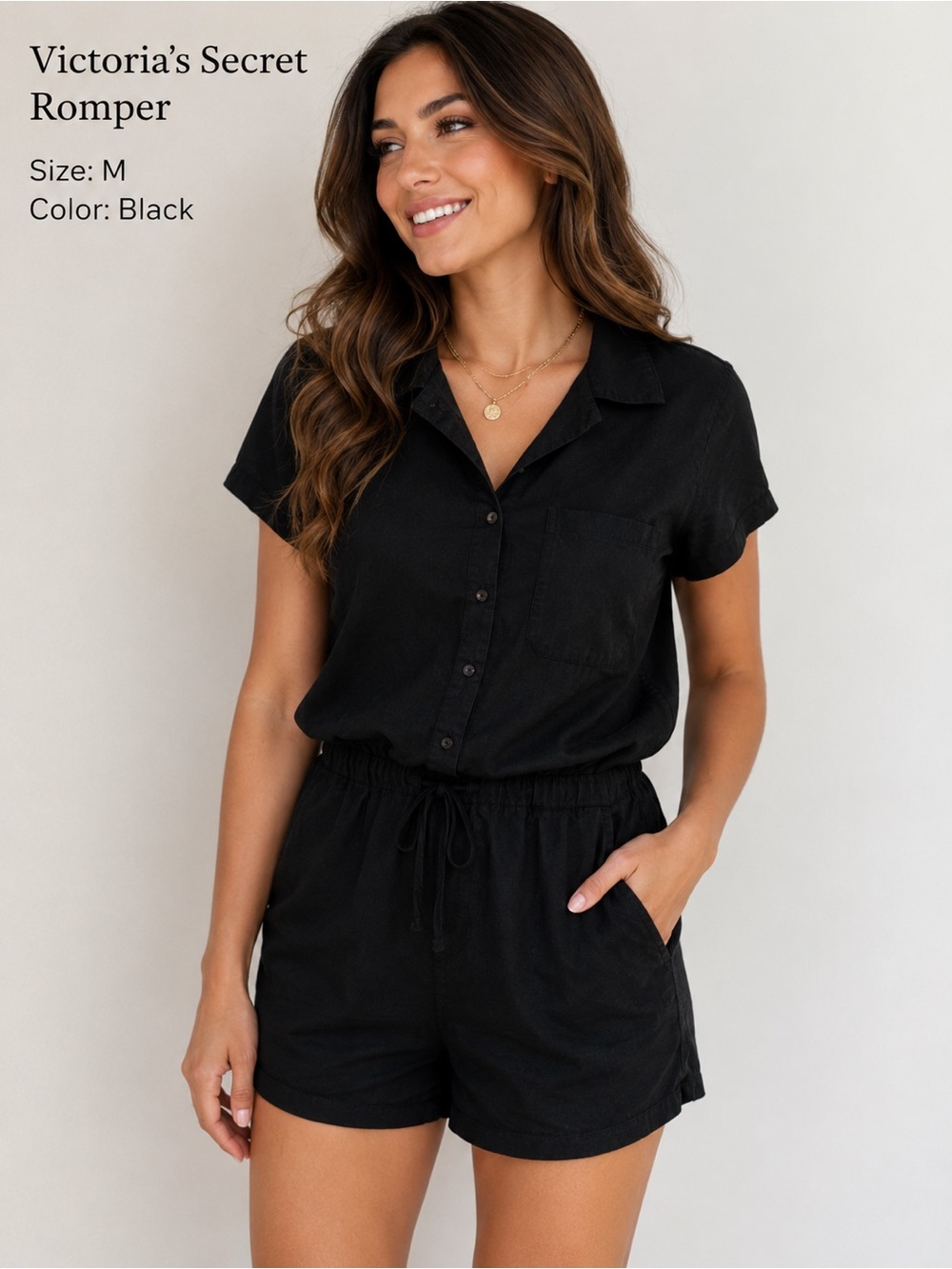 Victoria's Secret Black Short-Sleeve Linen Blend Button Romper